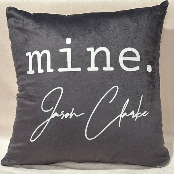 JASON CLARKE Large Black Throw Pillow with "mine." Logo