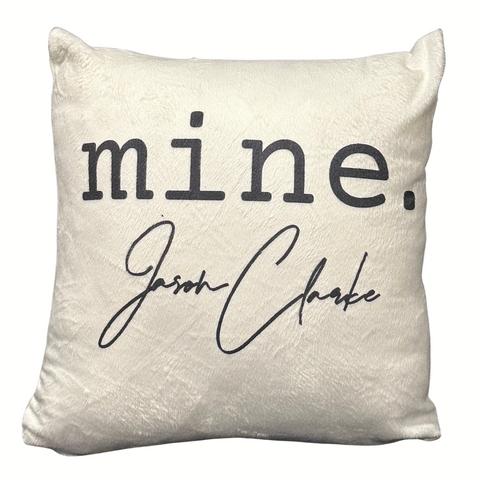 JASON CLARKE Small White Throw Pillow with "mine." Logo
