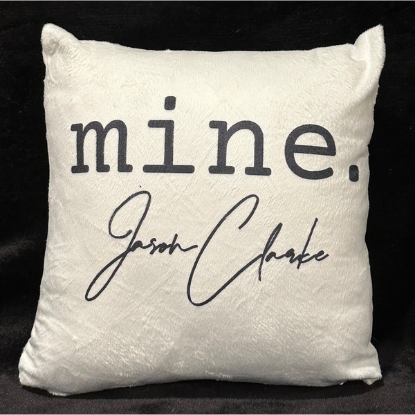 JASON CLARKE Small White Throw Pillow with "mine." Logo