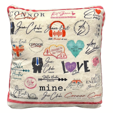 ADDICTED TO THE VOICE Small White Throw Pillow with ALL Narrator Logos and Pink Border