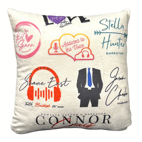 ADDICTED TO THE VOICE Small White Throw Pillow with All 6 Narrator Logos