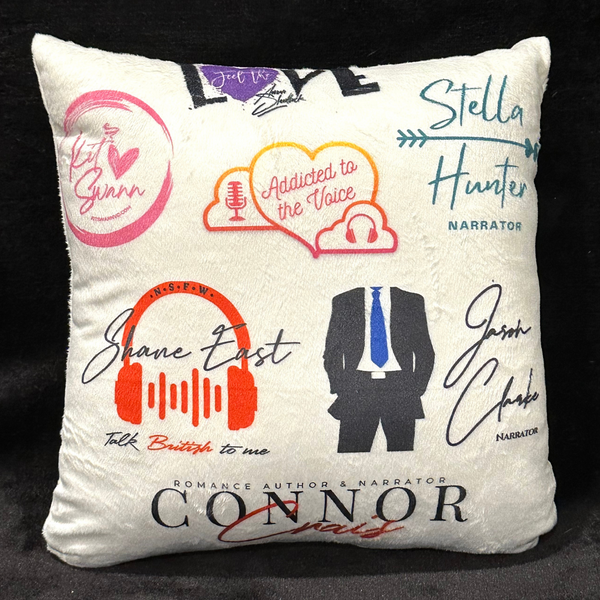 ADDICTED TO THE VOICE Small White Throw Pillow with All 6 Narrator Logos