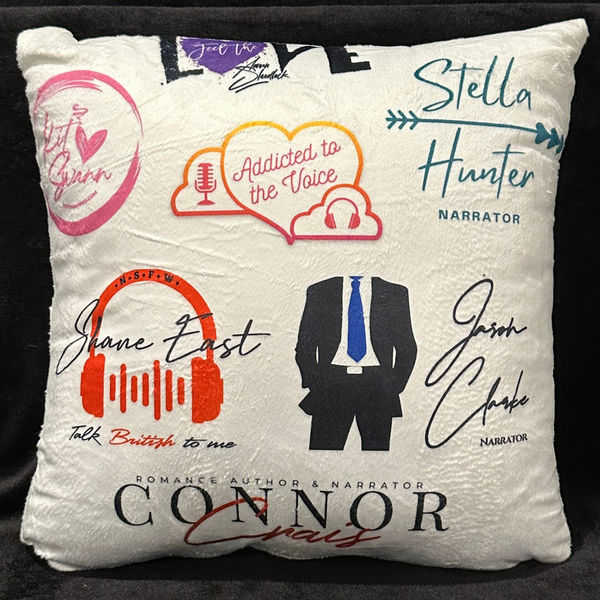 ADDICTED TO THE VOICE Large White Throw Pillow with All 6 Narrator Logos