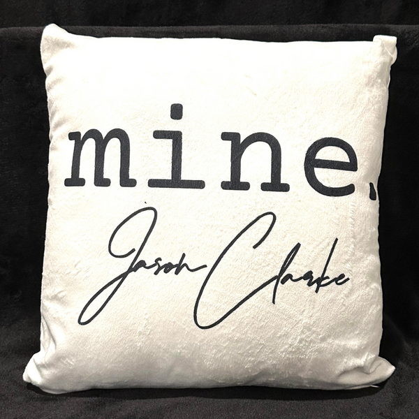 JASON CLARKE Large White Throw Pillow with "mine." Logo