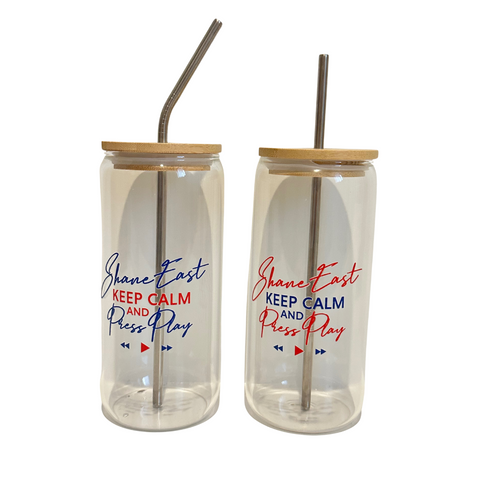 "Keep Calm and Press Play" Shane East Can Glass with Lid and Straw