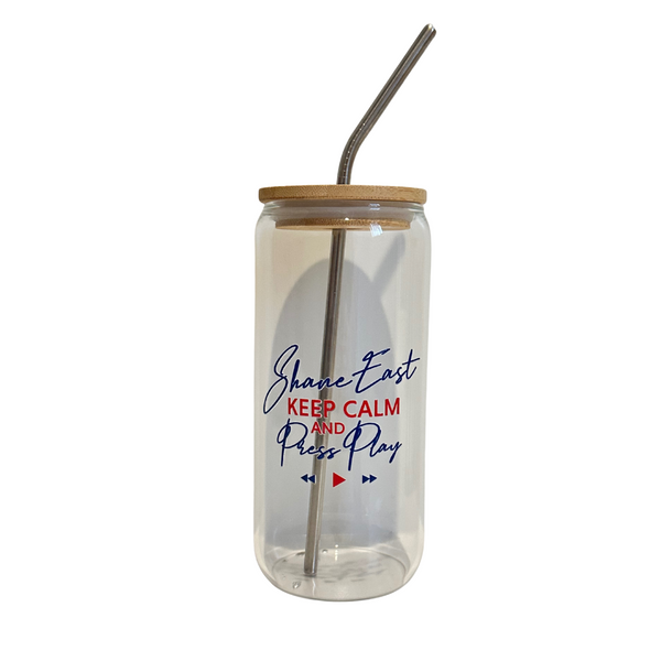 "Keep Calm and Press Play" Shane East Can Glass with Lid and Straw