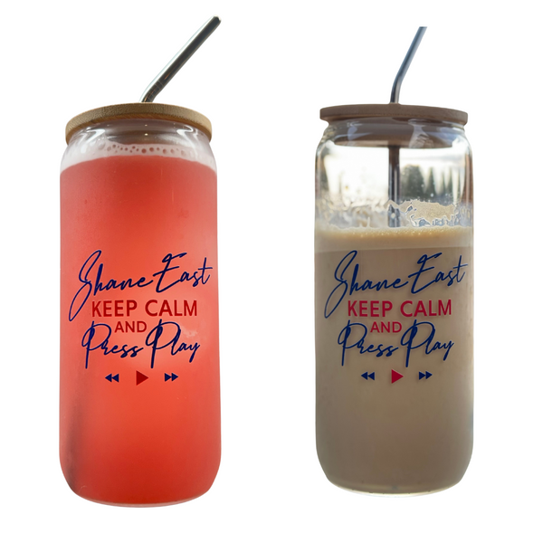 "Keep Calm and Press Play" Shane East Can Glass with Lid and Straw