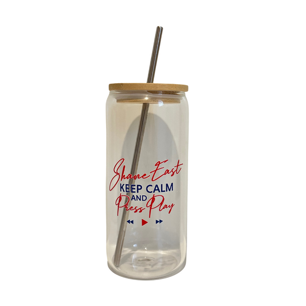 "Keep Calm and Press Play" Shane East Can Glass with Lid and Straw