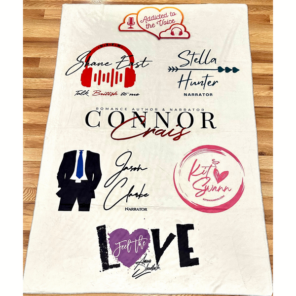 ADDICTED TO THE VOICE White Throw Blanket with All 6 Narrator Logos