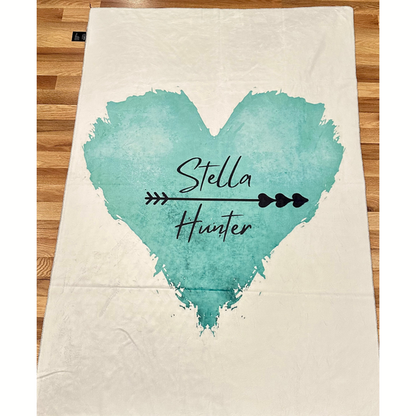 STELLA HUNTER White Throw Blanket with Teal Heart Logo
