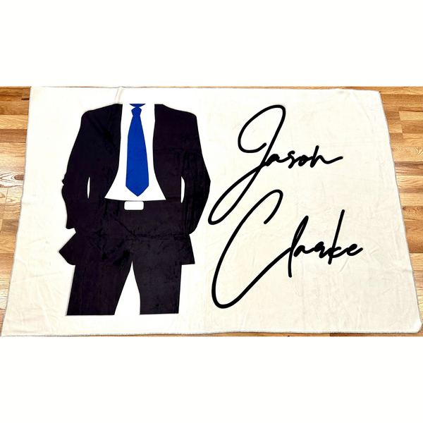 JASON CLARKE White Throw Blanket with Suit Logo
