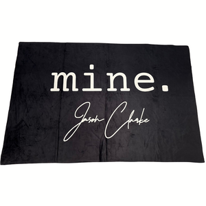 JASON CLARKE Black Throw Blanket with "mine." Logo