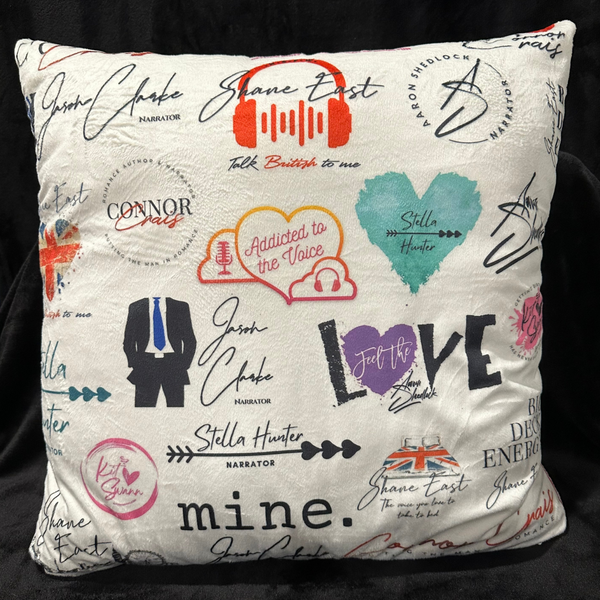 ADDICTED TO THE VOICE Extra Large White Throw Pillow with ALL Narrator Logos