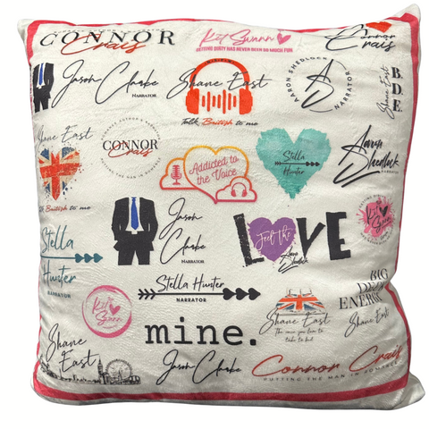 ADDICTED TO THE VOICE Extra Large White Throw Pillow with ALL Narrator Logos and Pink Border