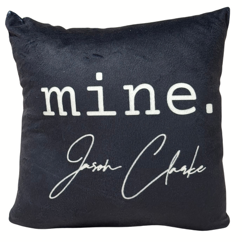JASON CLARKE Small Black Throw Pillow with "mine." Logo