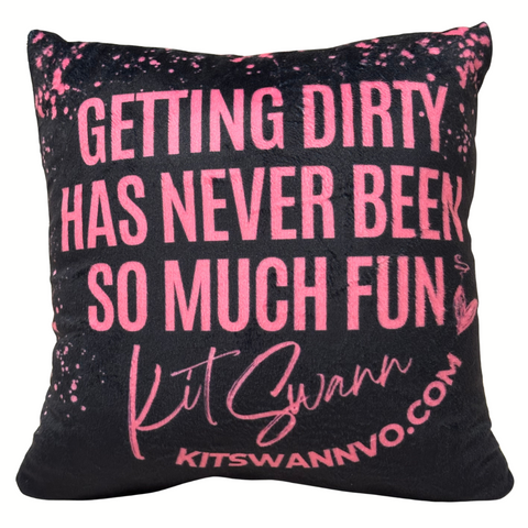 KIT SWANN Small Black Throw Pillow with Tagline and Paint Splatter Logo