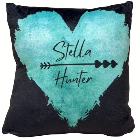 STELLA HUNTER Small Black Throw Pillow with Teal Heart Logo