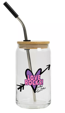 AARON SHEDLOCK 16 oz. Can Glass with Lid and Straw and NEW "Love Rocks!" Logo